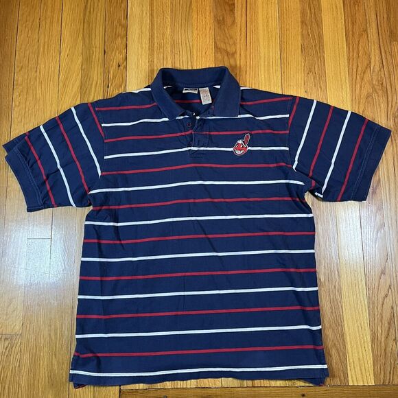 Vintage Cleveland Indians Striped Polo Shirt Chief Wahoo Sz Large MLB Baseball - Picture 2 of 7